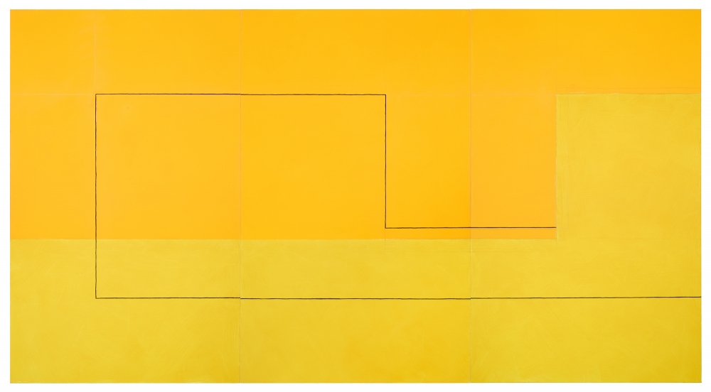Jan Cunningham. Yellow Triptych,. 2018. OIl on linen. 60" x 111"