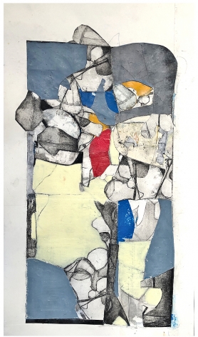 Robert Szot's The Picturesque Survival Of Other Days (Study). 2020. Aquatint With Drypoint Etching, collage crayon and charcoal on paper. 20" x 10 1/4" at Anita Rogers Gallery