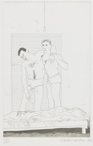 David Hockney, One Night, 1966, Etching and aquatint on paper, 13 13/16" × 8 7/8" at Anita Rogers Gallery