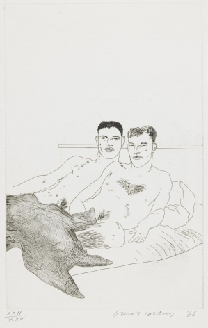 David Hockney, The Beginning, 1966, Etching and aquatint on paper, 13 13/16" × 8 7/8" at Anita Rogers Gallery