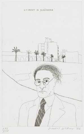 David Hockney, Portrait of Cavafy in Alexandria, 1966, Etching and aquatint on paper, 13 13/16" × 8 7/8" at Anita Rogers Gallery