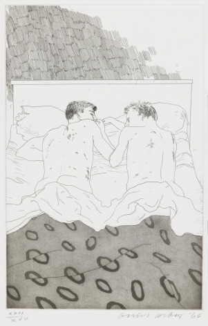 David Hockney, Two Boys Aged 23 or 24, 1966, Etching and aquatint on paper, 13 13/16" × 8 7/8" at Anita Rogers Gallery
