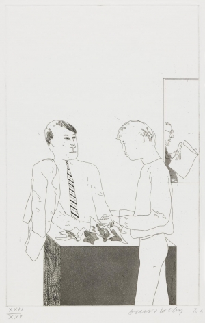 David Hockney, He Enquired After the Quality, 1966, Etching and aquatint on paper, 13 13/16" × 8 7/8" at Anita Rogers Gallery