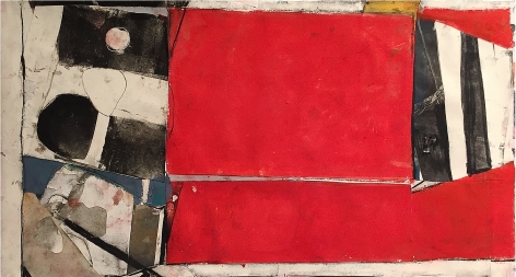 Robert Szot. Semaphore (False Flag). 2017. Monotype collage, mixed media on paper. 14" x 26". Anita Rogers Gallery